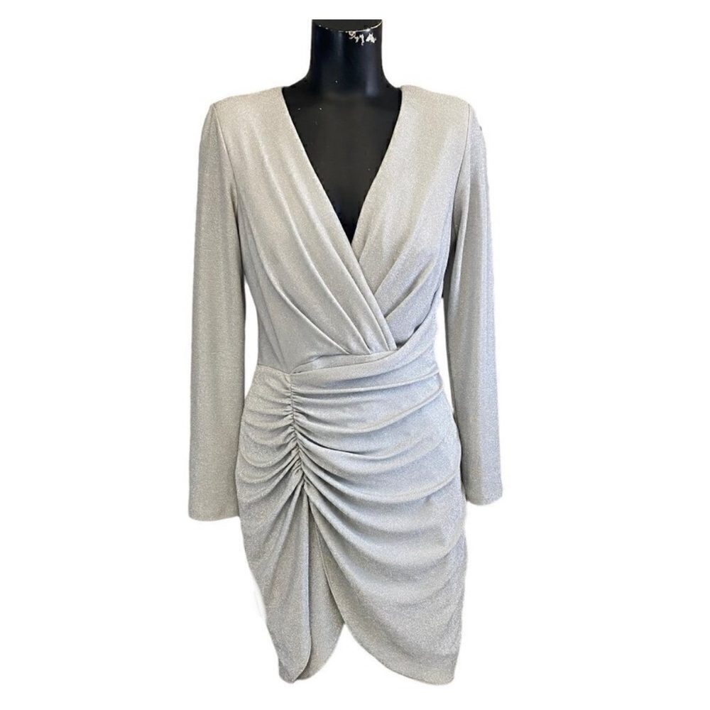 BETSY & ADAM Silver Ruched Metallic Glitter Bodycon Dress Size 10